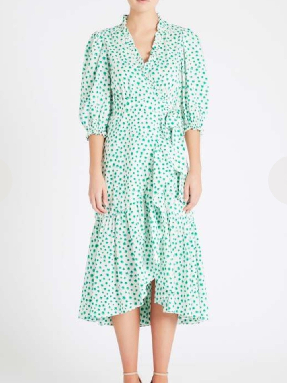 Rebecca Taylor Daisy White Green Midi Ruffle Cotton Poplin Wrap Dress Size 0